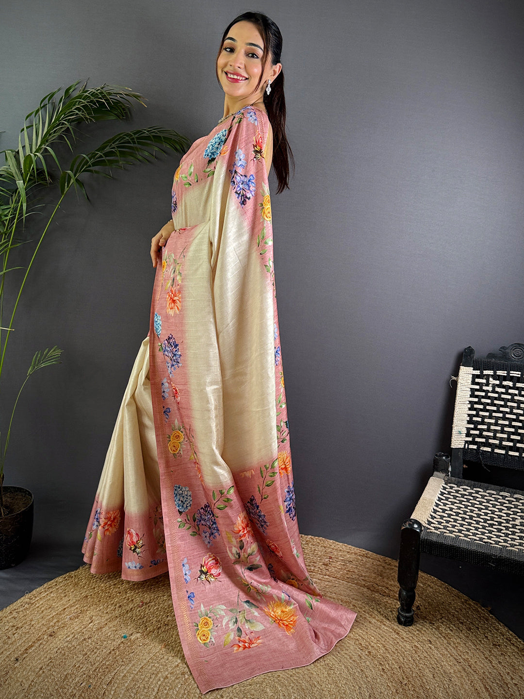 Off White Tussar Ghicha Silk Saree by My Store