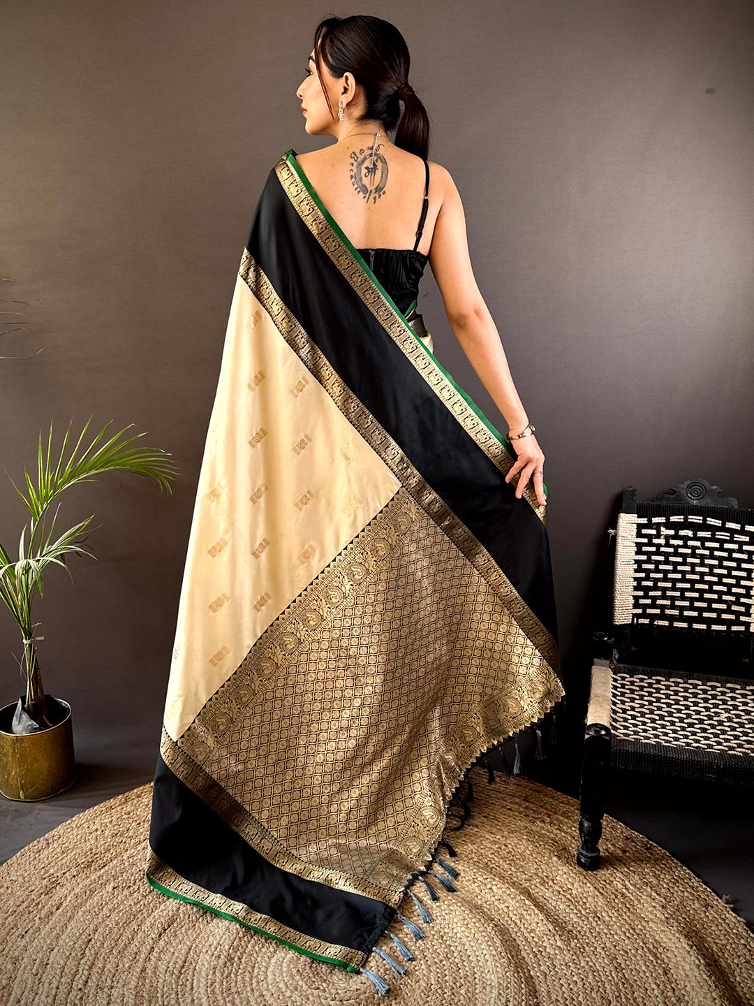 Cream Gadhwal Pure Soft Silk Saree by My Store