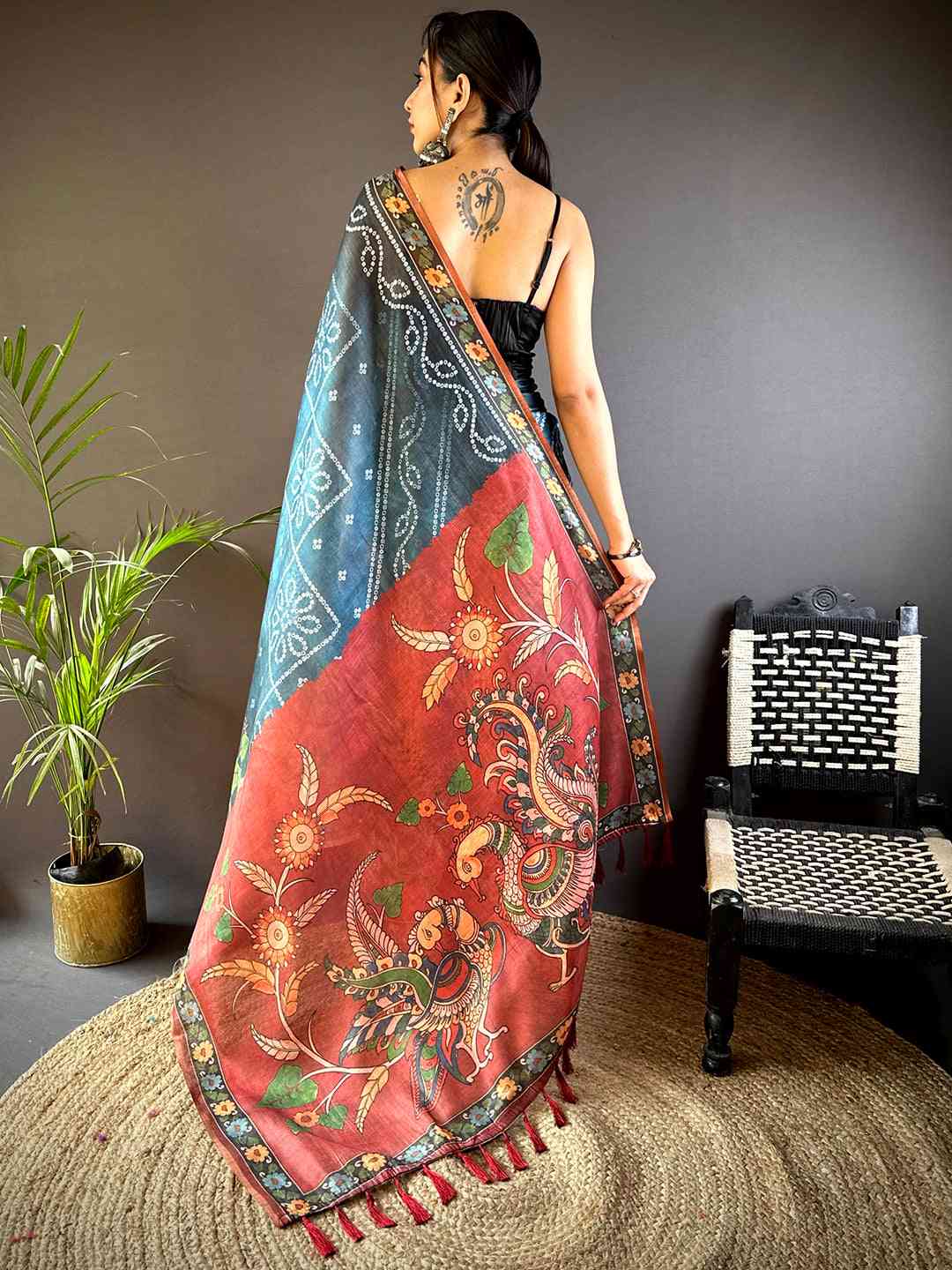 Blue Tissue Bandhej Kalamkari Saree by My Store