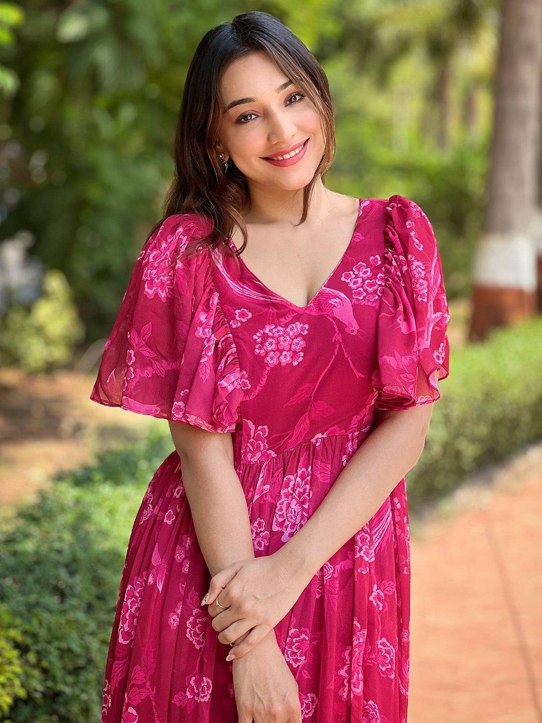 Pink Peony V-neck Flary Dress by My Store