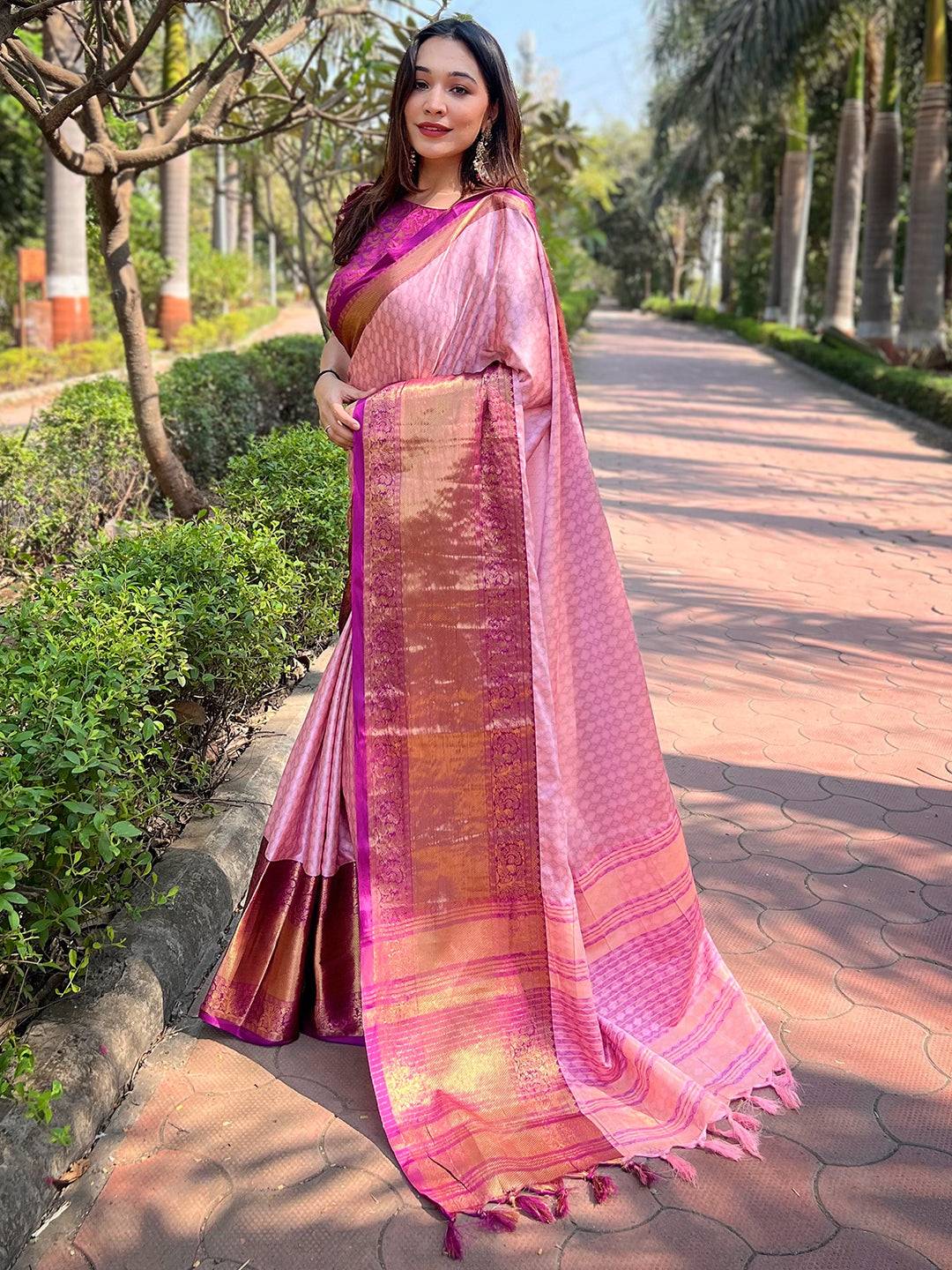 Pink Colour Kanjivaram Aura Soft Silk Saree With Broced Zari Blouse by My Store