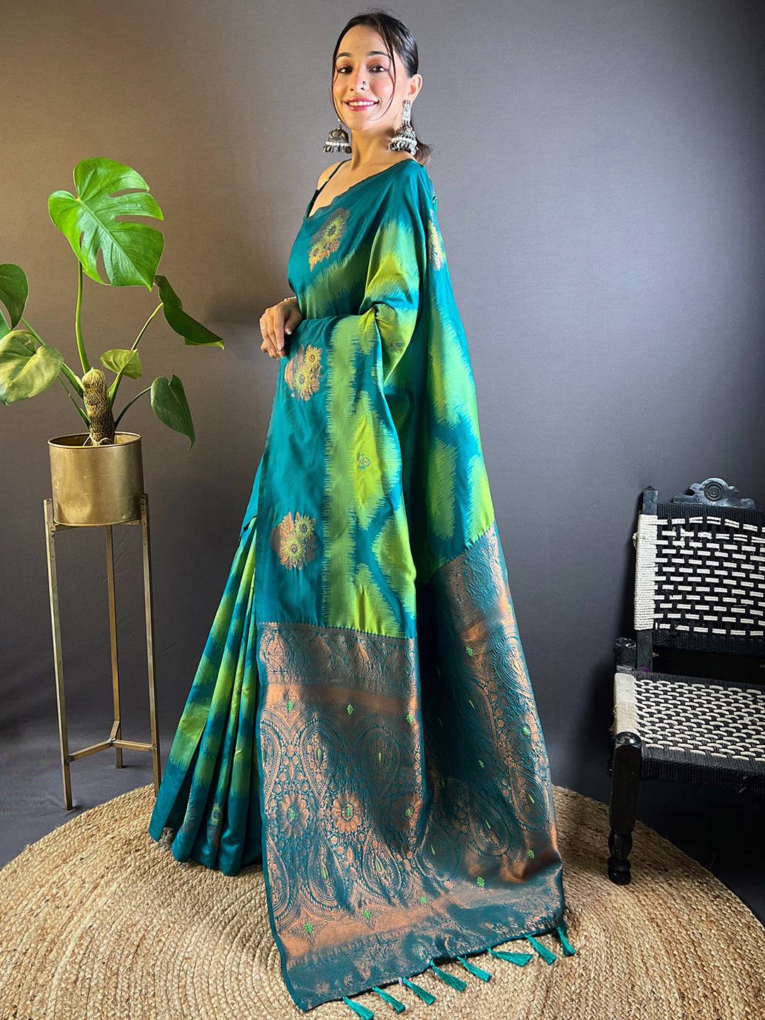 Parrot Green Tussar Silk Ikkat Weaving Saree by My Store