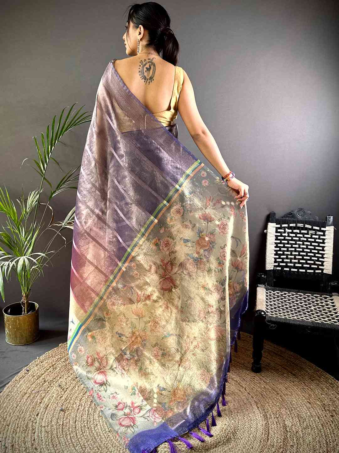 Purple Ombre Zari Tissue Digital Print Saree by My Store