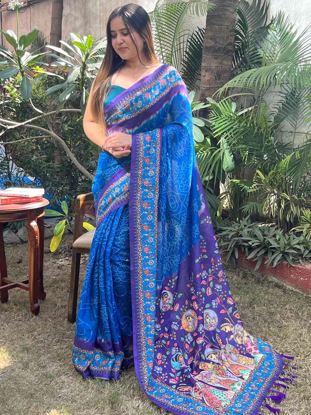 Royal Blue Design Linen Saree with Bandhej and kalamkari Digital Print by My Store
