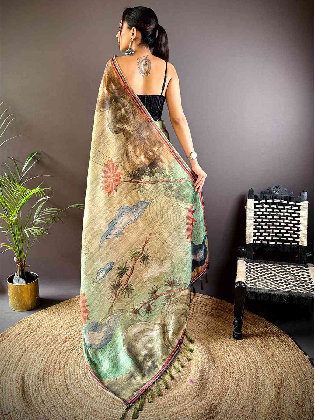 Green Tissue Chanderi Floral Abstract Saree by My Store