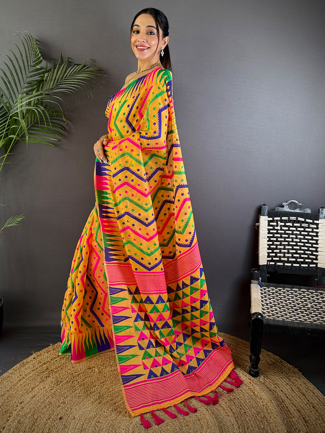 Mustard Yellow Dhakai Cotton Jamdani Saree by My Store