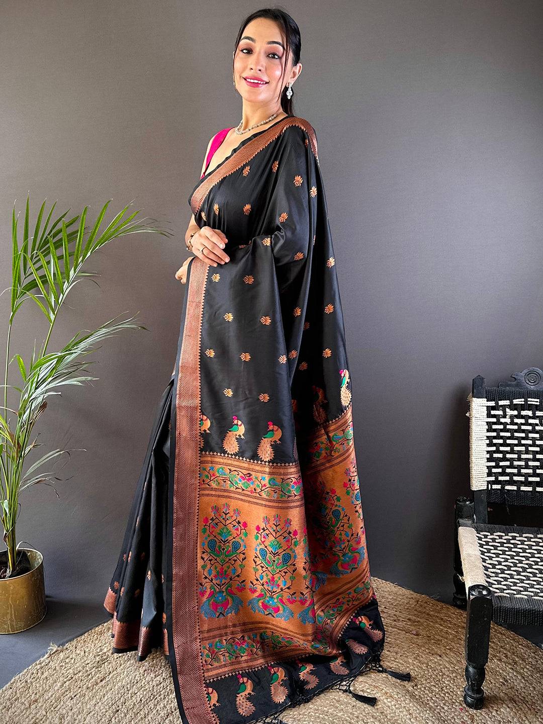 Copper Allure Soft Silk Black Saree by My Store