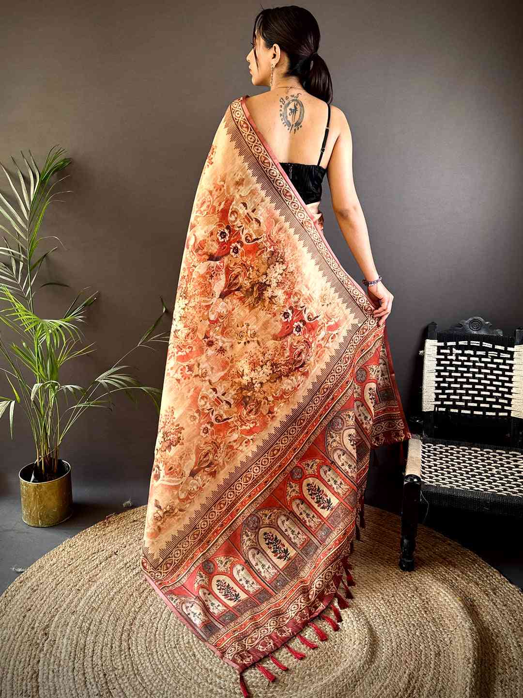 Red Tussar Blossom Saree by My Store