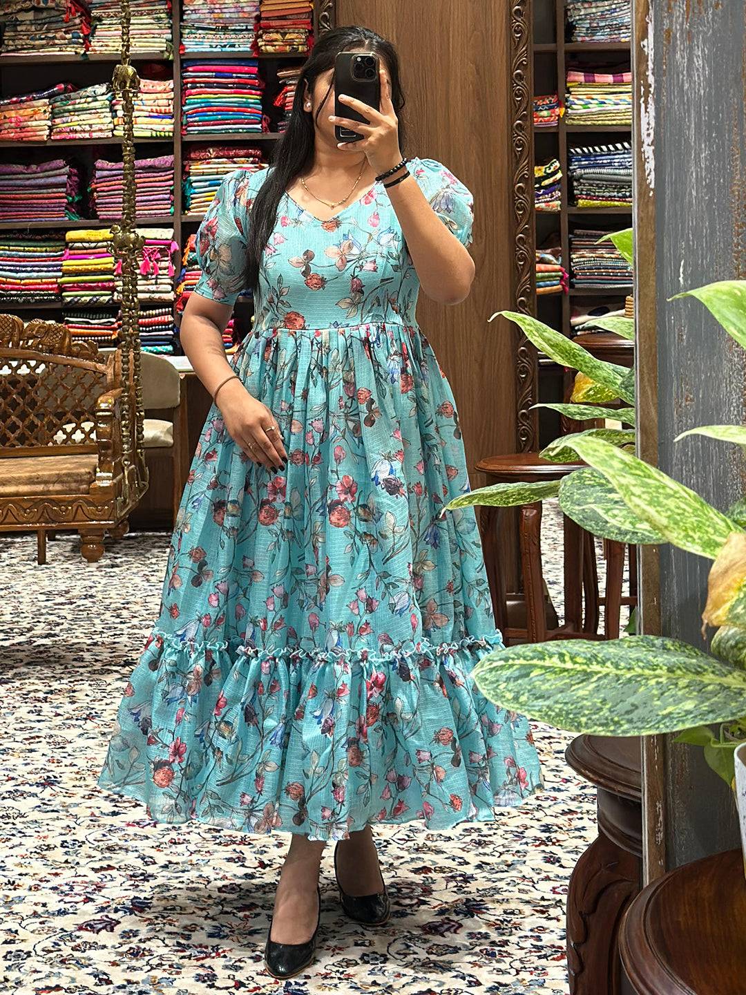Powder Blue Floral Print Dress by My Store