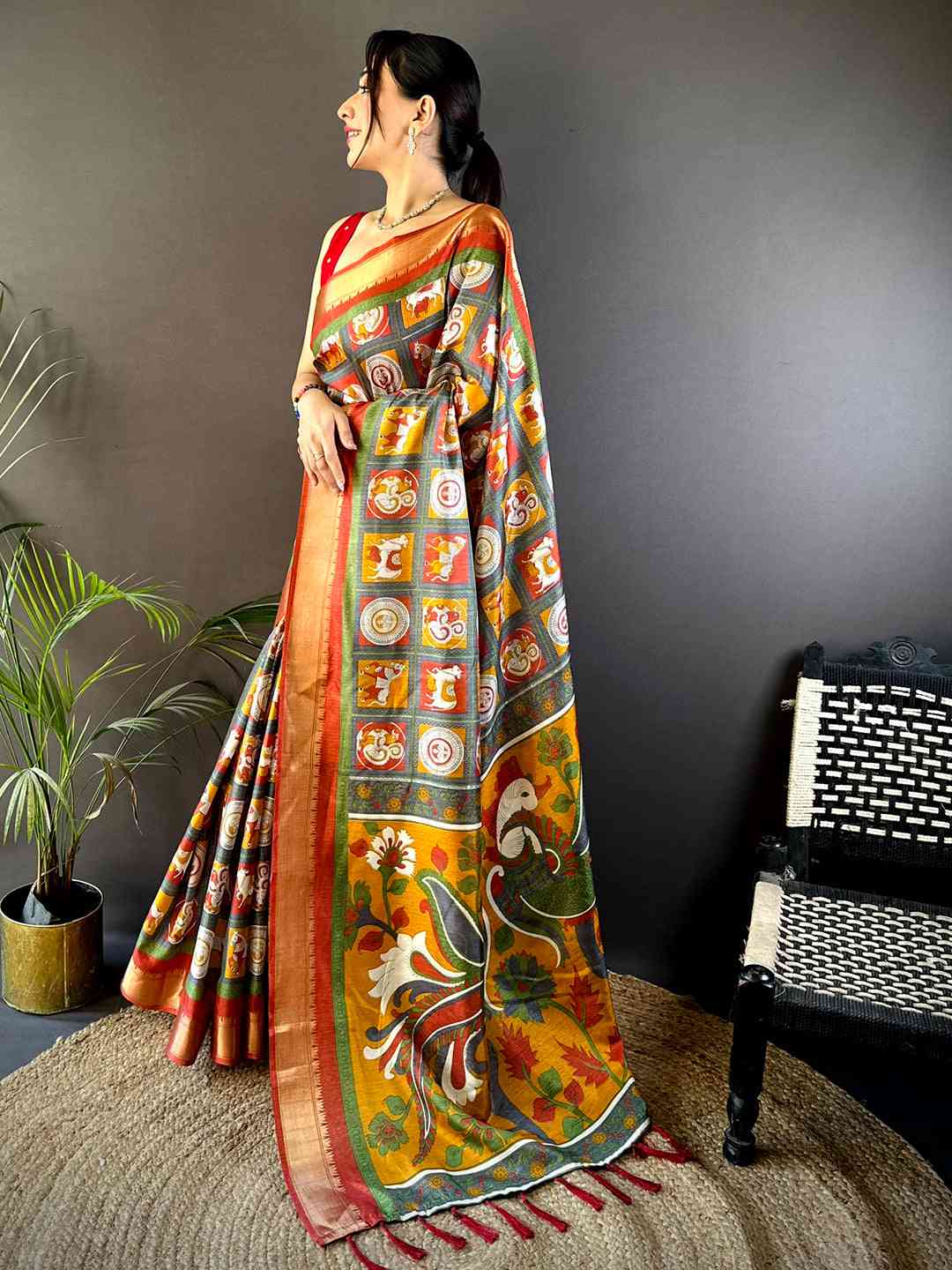 Grey Soft Silk Kalamkari Check Floral Print Saree by My Store