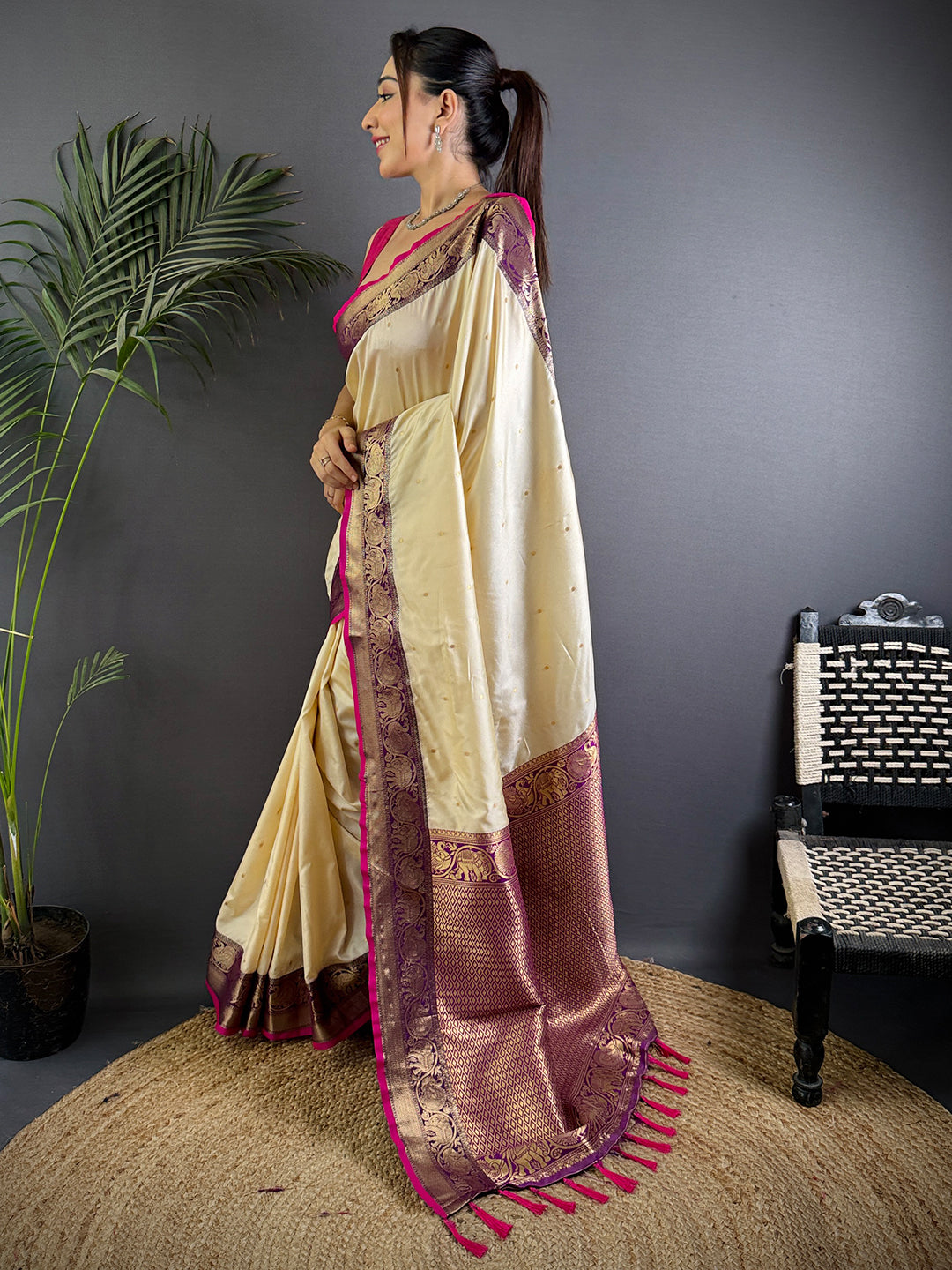 Cream Soft Kanjivaram Silk Gadwal Saree by My Store