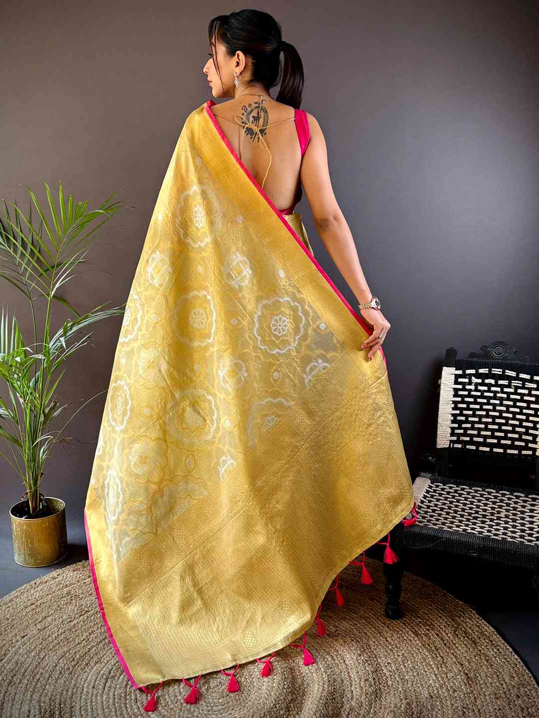 Minakari Floral Saree With Pink Tassels by My Store