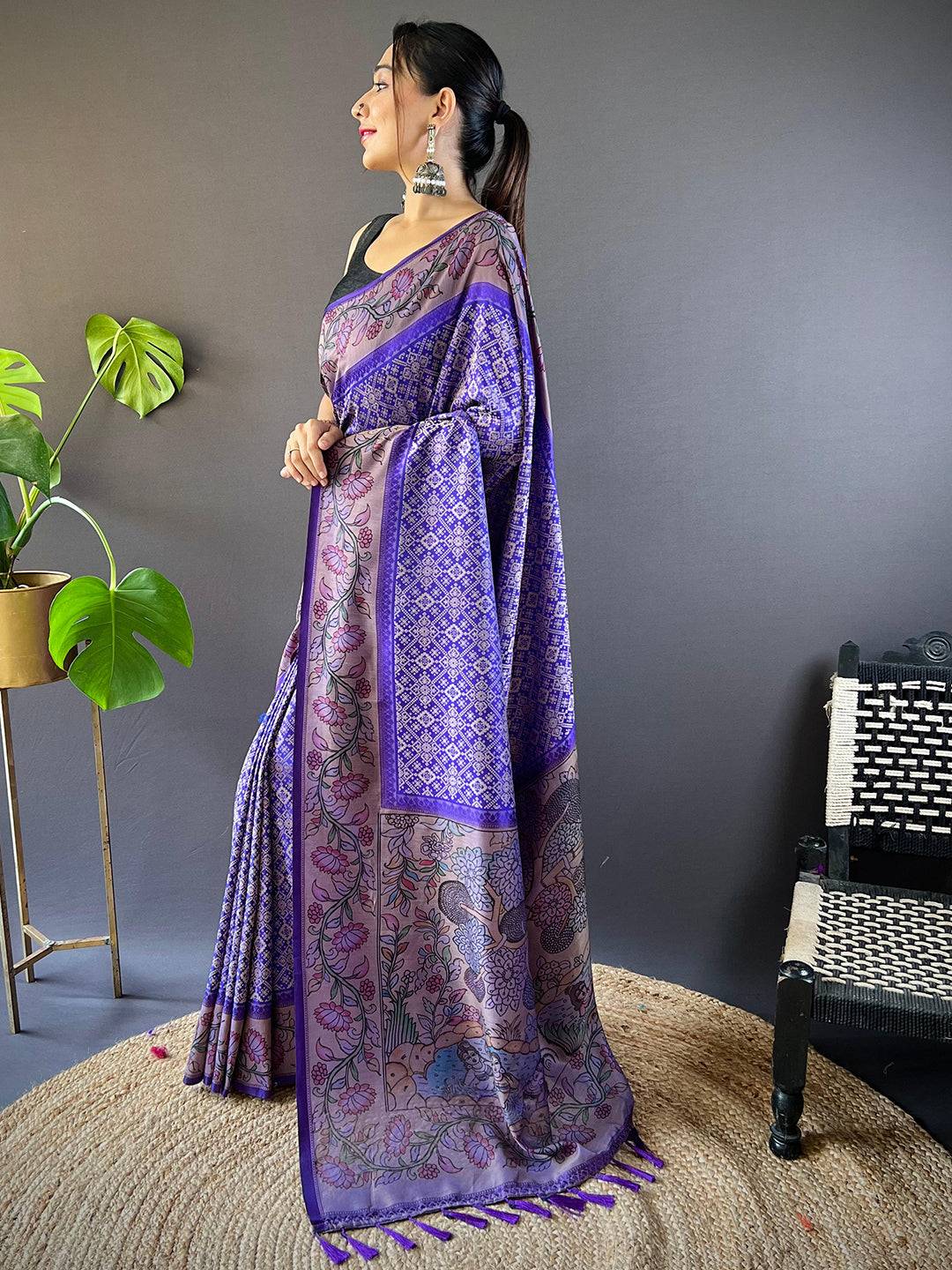 Persian Blue Patola And Kalamkari Fusion Saree by My Store