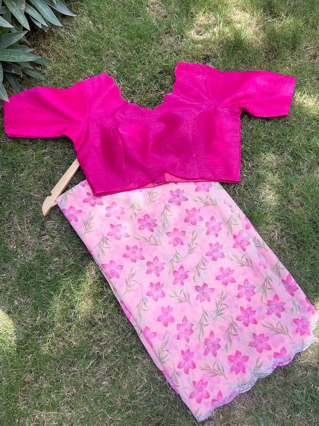 Peach Pure Georgette Floral Print Swaroski Cut Work Border Saree by My Store