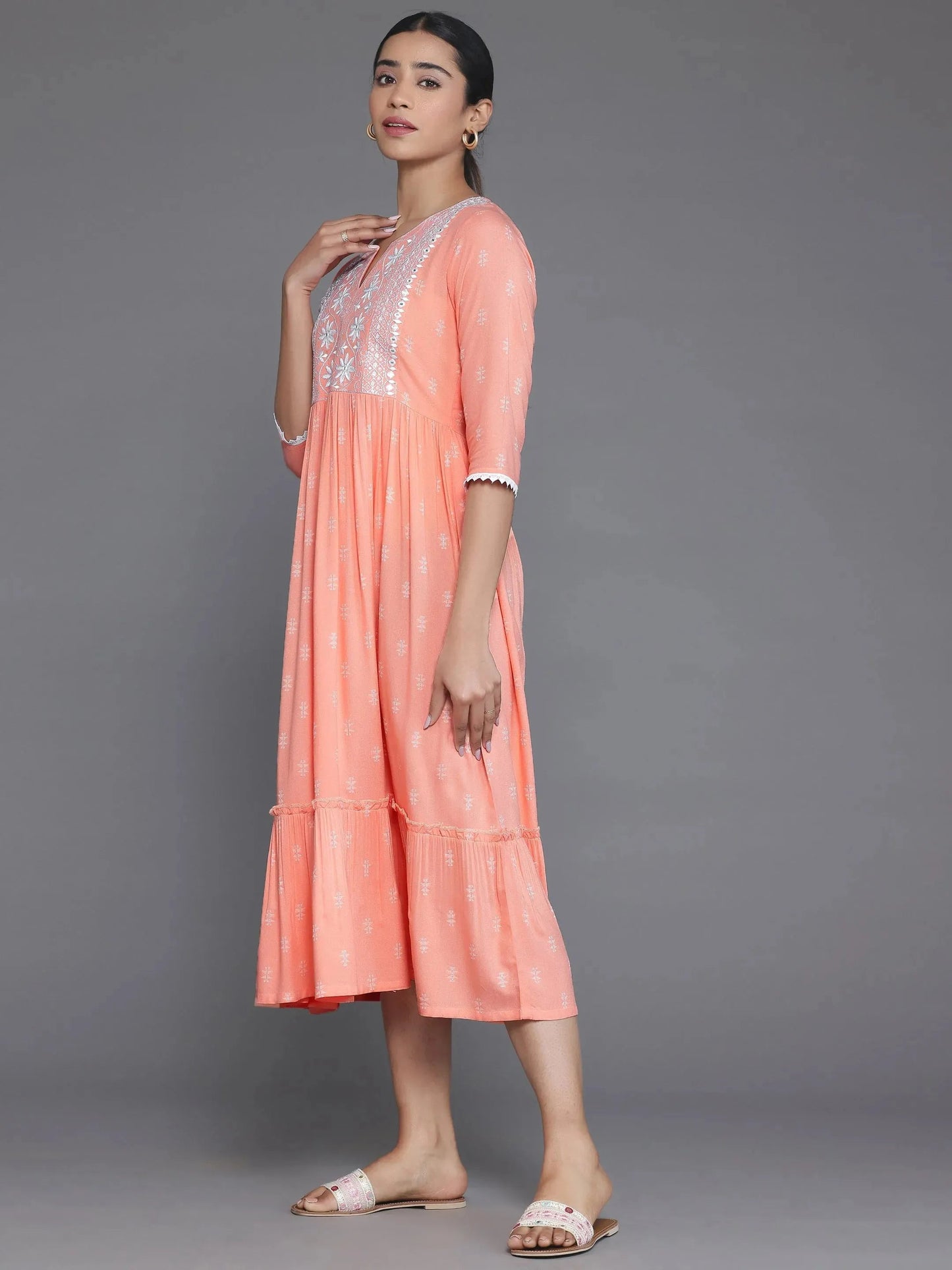 Peach Self Design Viscose Rayon A-Line Dress by My Store