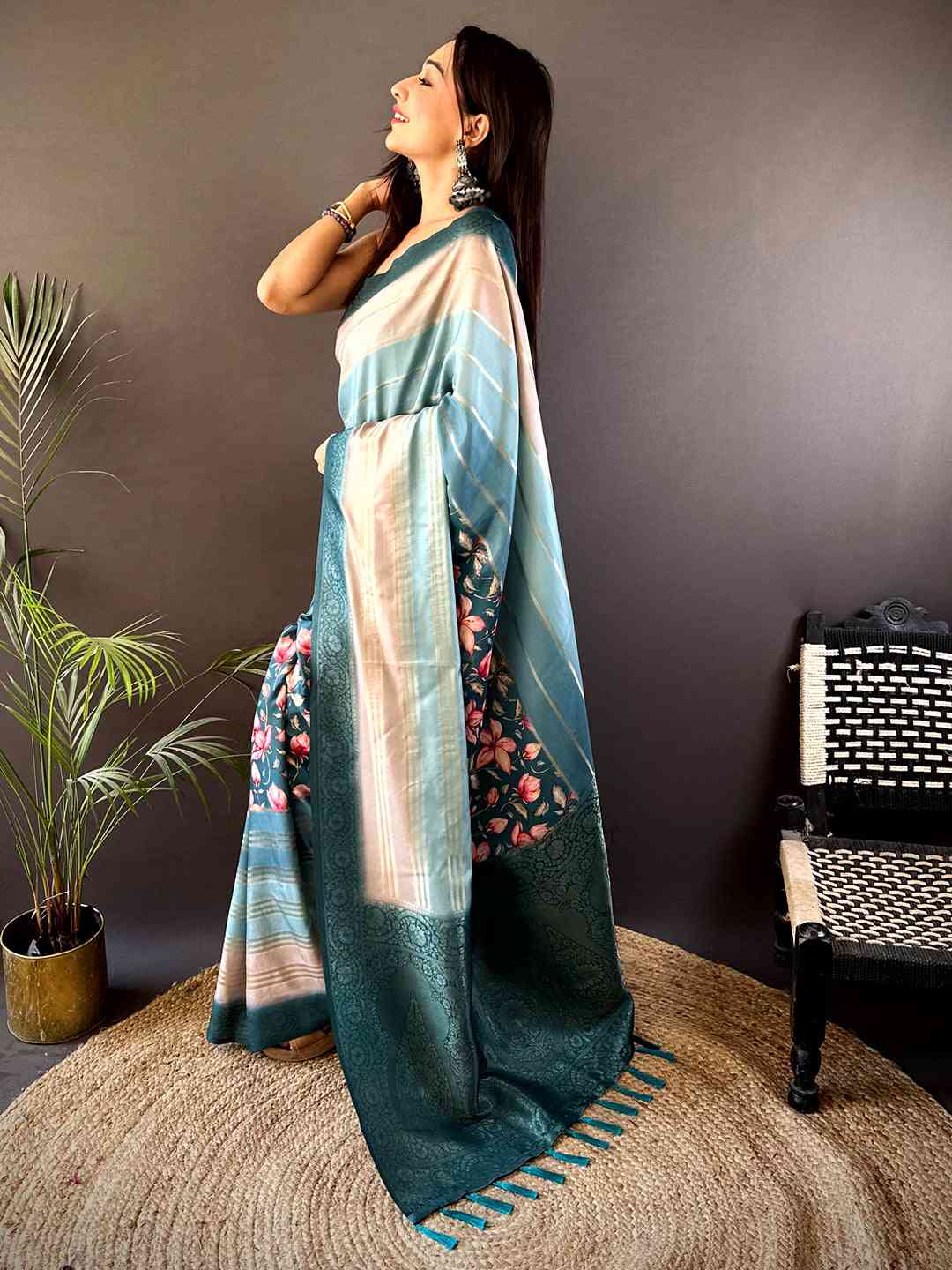 Teal Blue Crepe Silk Floral Saree by My Store