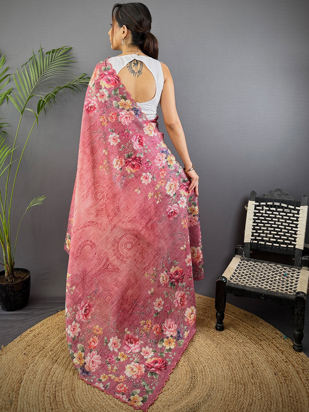 Rose Pink Kota Floral Digital Cut Work Saree by My Store