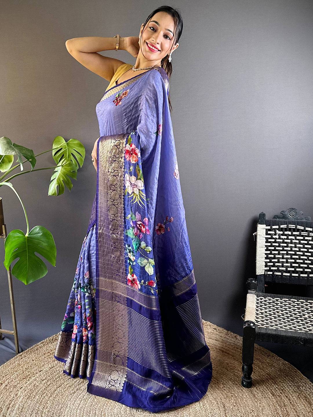 Iris Floral Zari Chex Saree by My Store