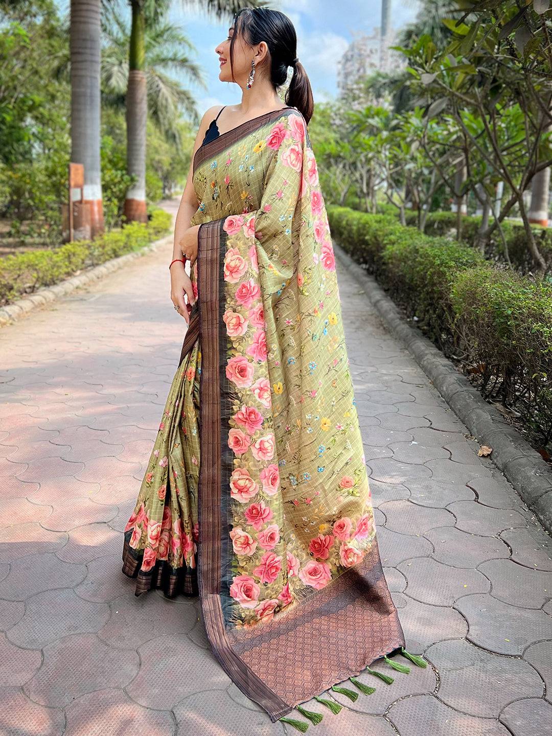 Pista Soft Silk Copper Zari Weaving Digital Floral Saree by My Store