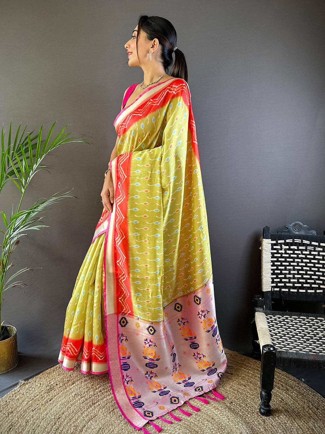 Pastel Yellow Ikkat Paithani Soft Silk Saree by My Store