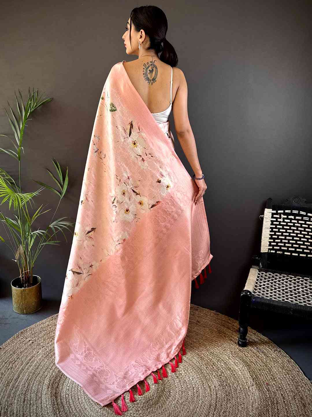Pastel Peach Kanjivaram Digital Silk Saree by My Store