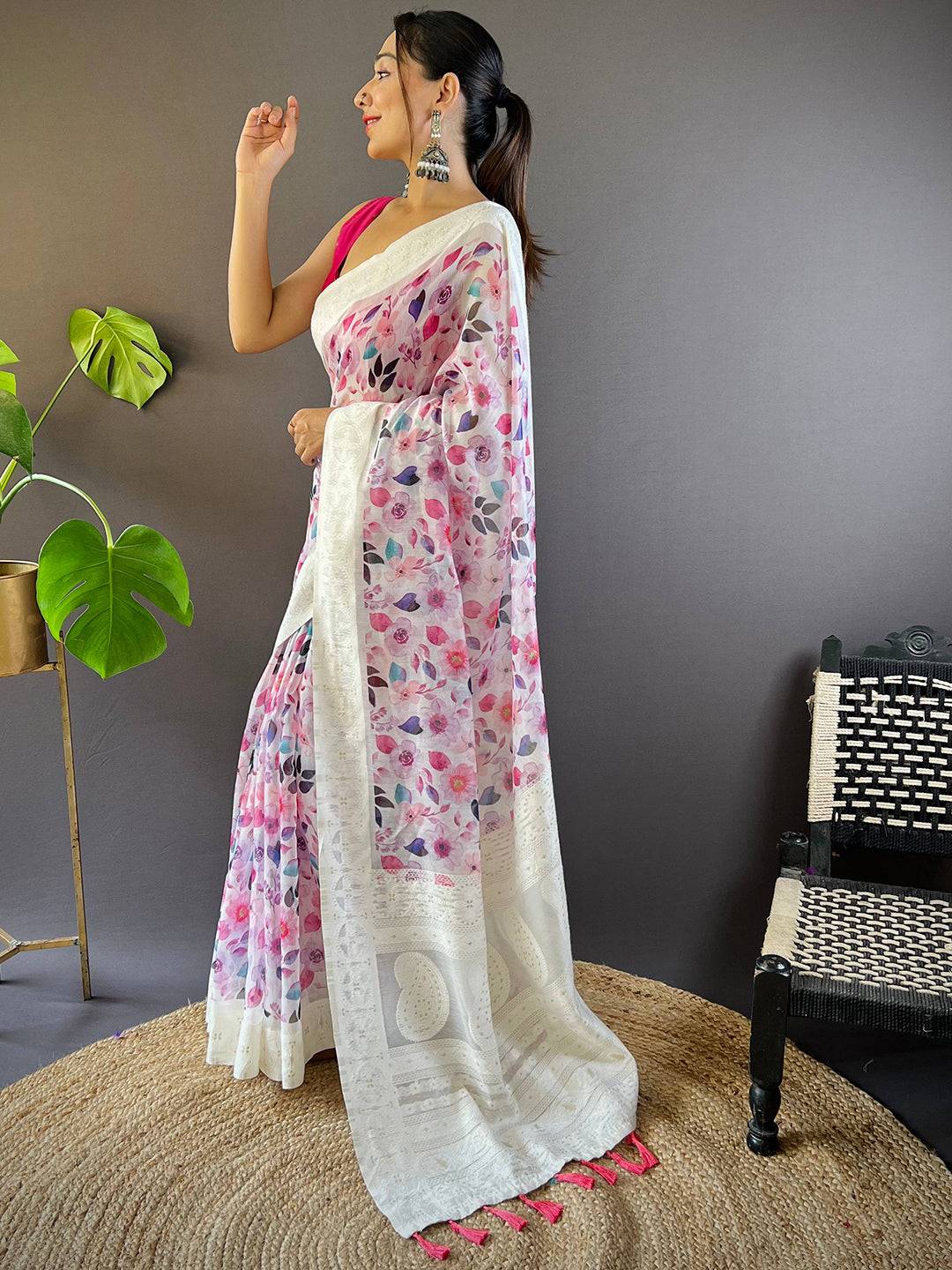 Radiant Lakhnavi Floral Print Saree by My Store