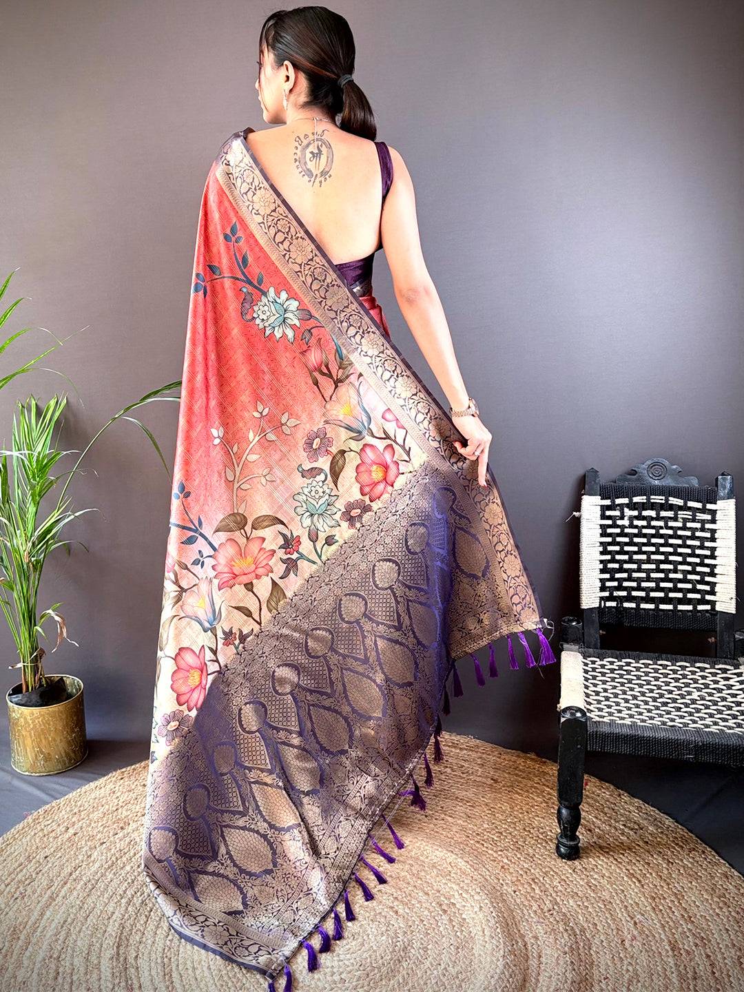 Red Ombre Floral Digital Print Saree by My Store