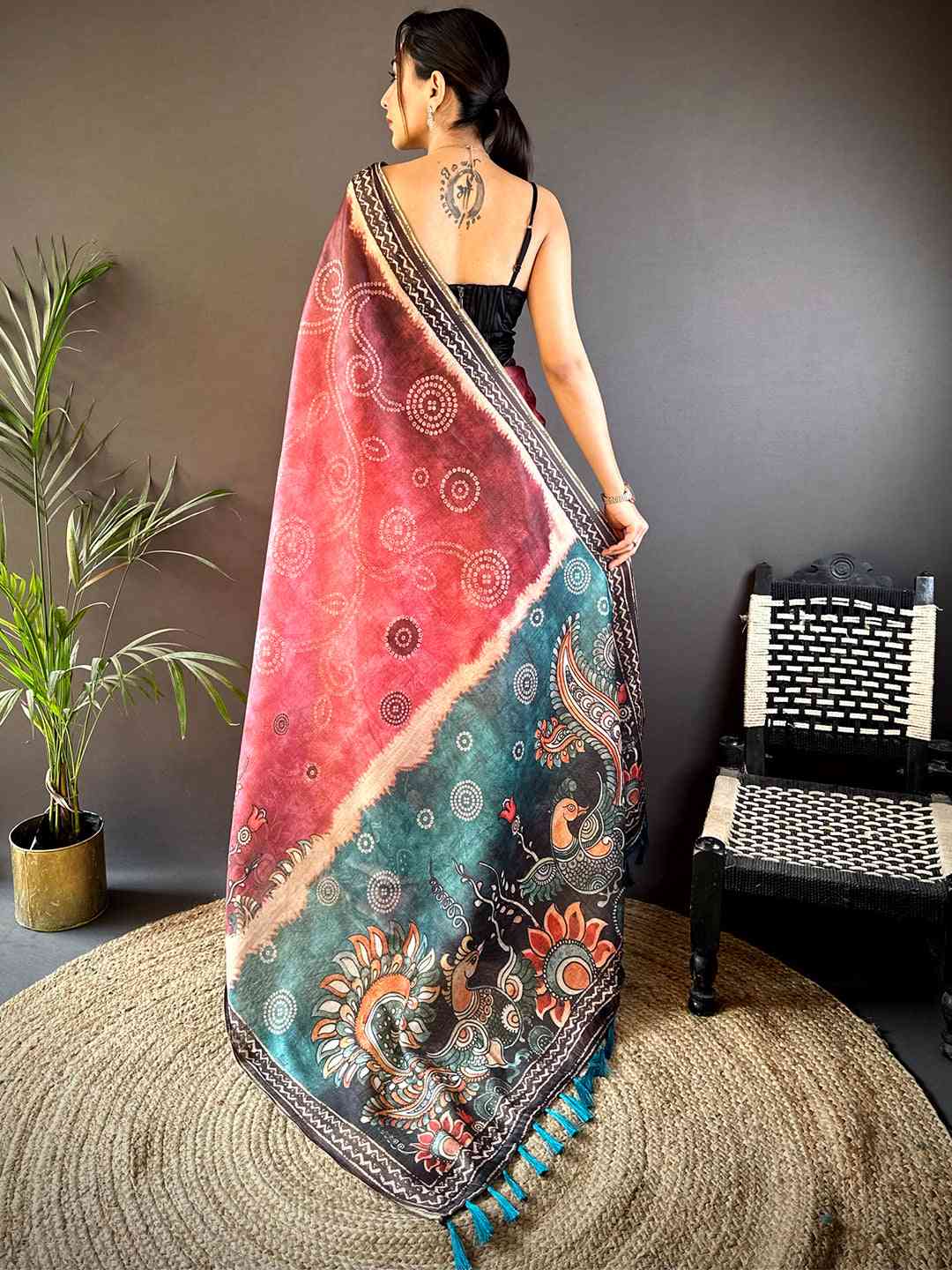 Blush Pink Kalamkari Bandhani Chanderi Saree by My Store
