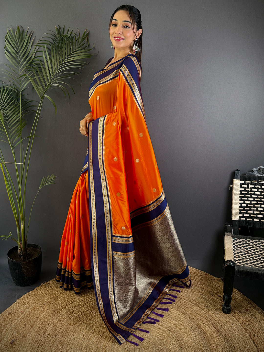 Navy Blue Soft Silk Floral Butta Saree by My Store