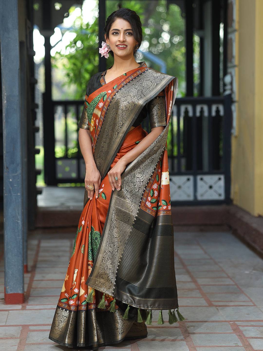 Pichwai Print Zari Weaving Pallu Saree In Brown Colour - Luxe by My Store