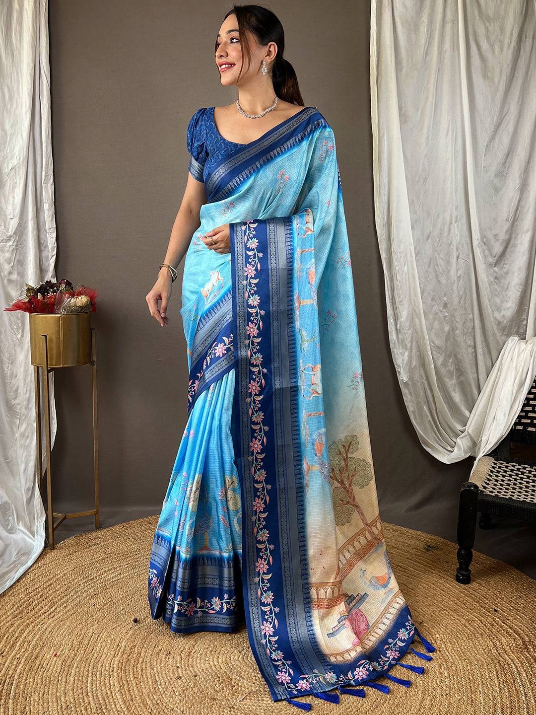 Powder Blue Kota Satin Border Saree by My Store
