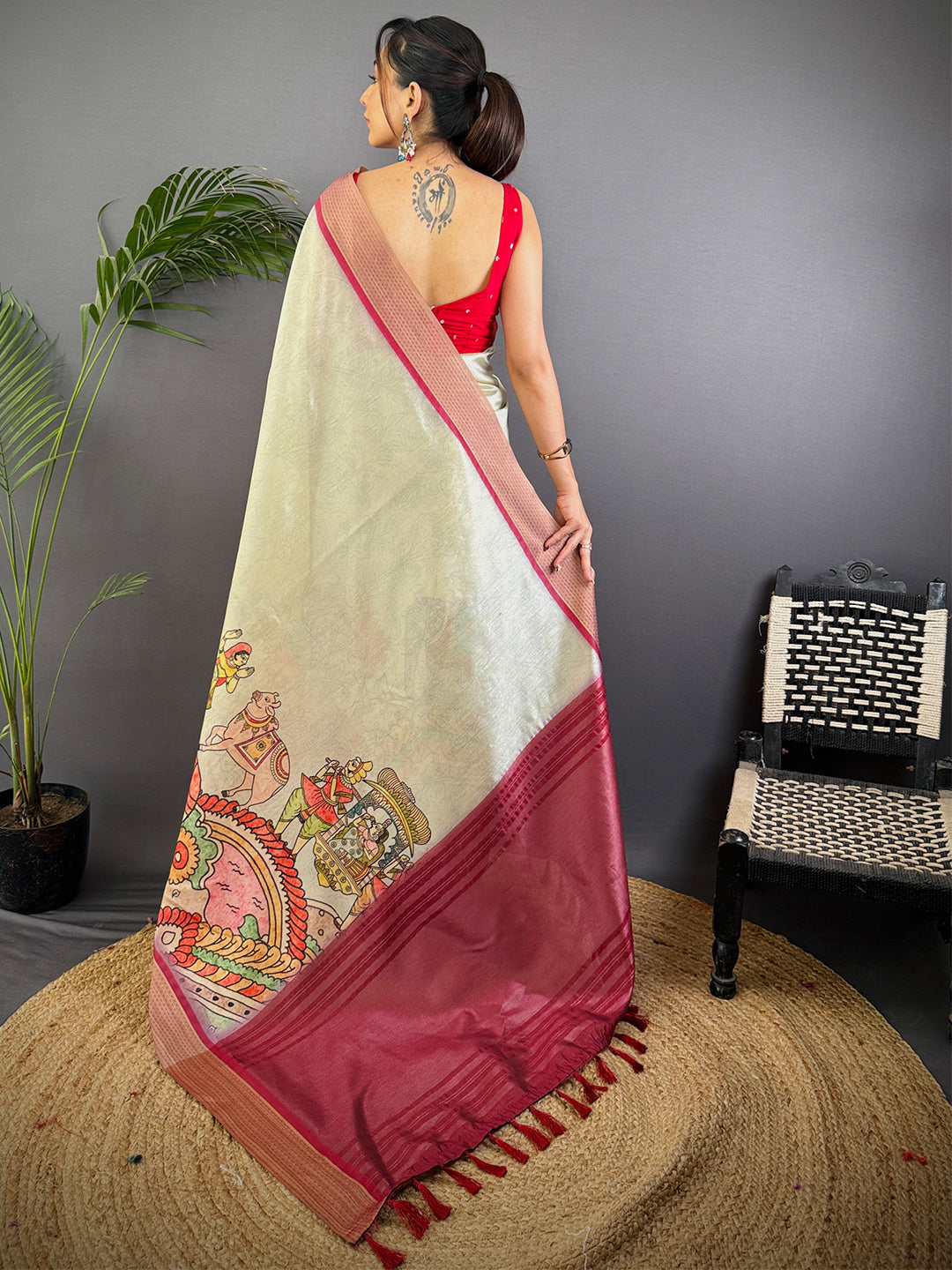Pista Tussar Silk Kalamkari Print Saree by My Store