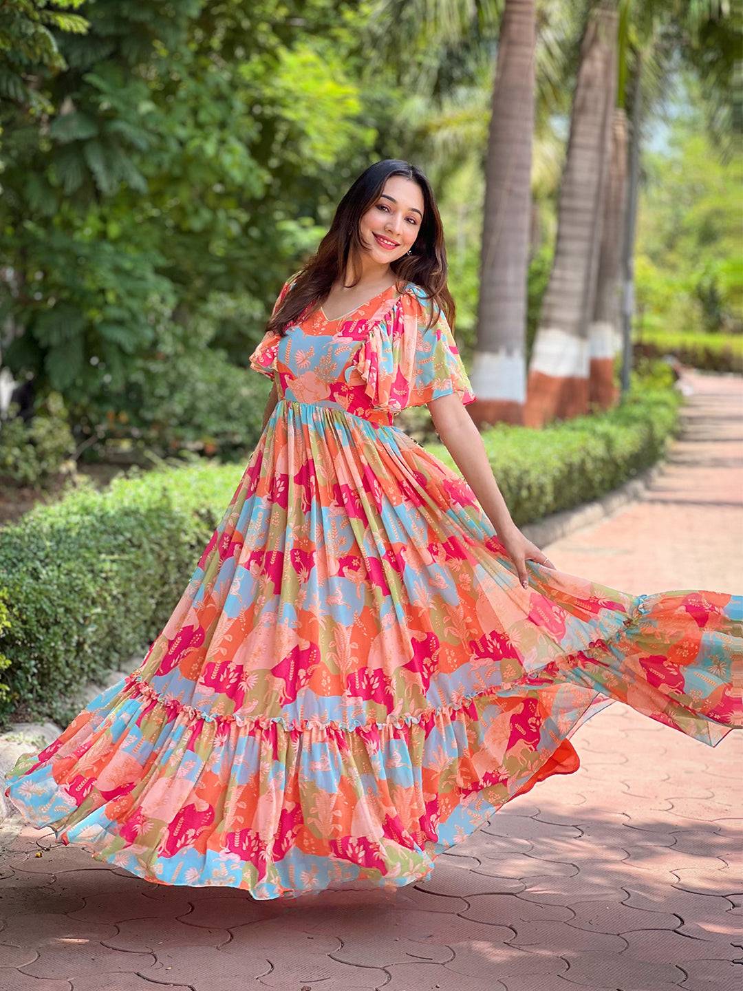 Floral Flared Multi Colour Flary Dress by My Store
