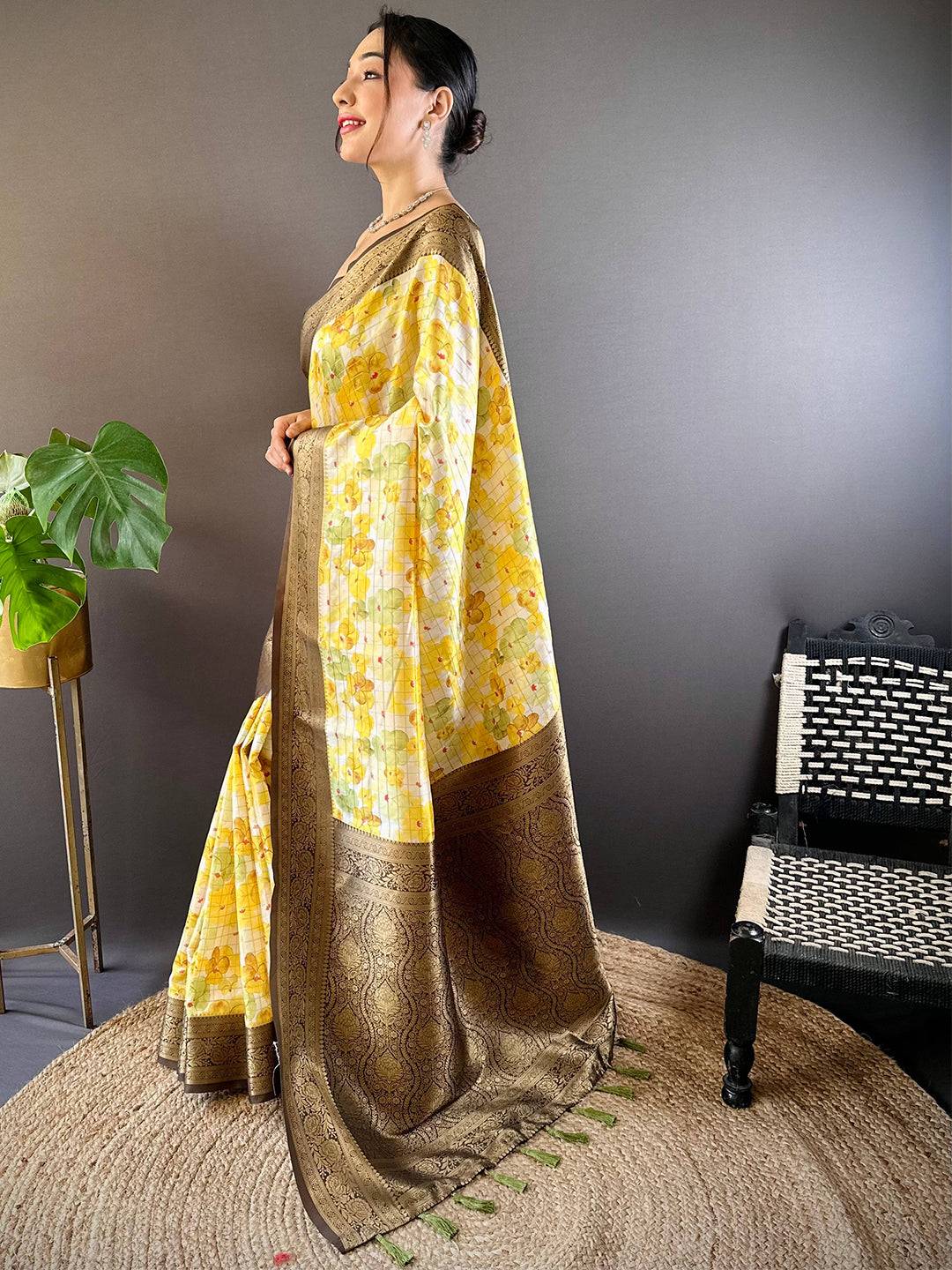 Sunshine Yellow Floral Saree by My Store