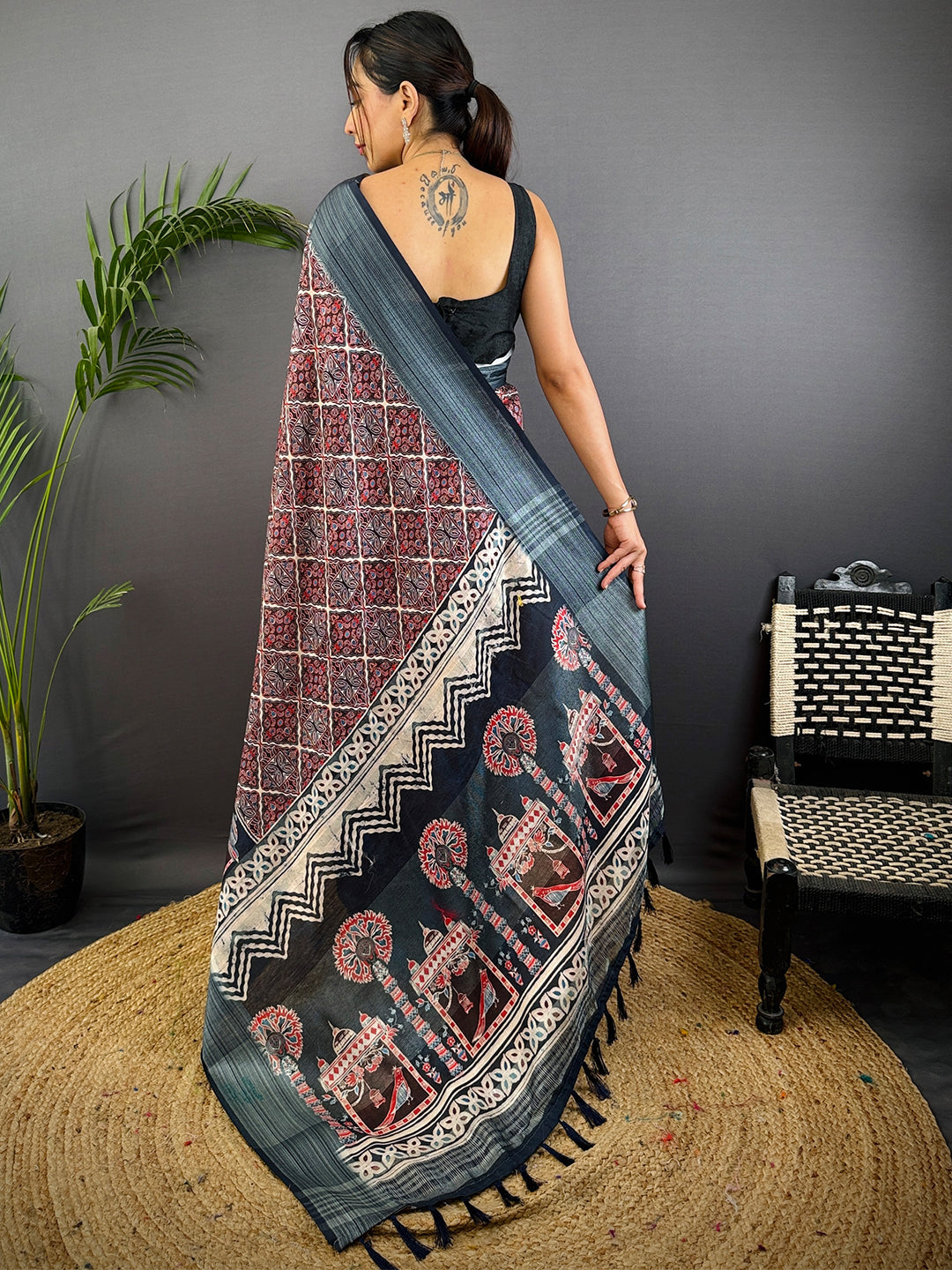 Multi Linen Block Kalamkari Print Saree by My Store