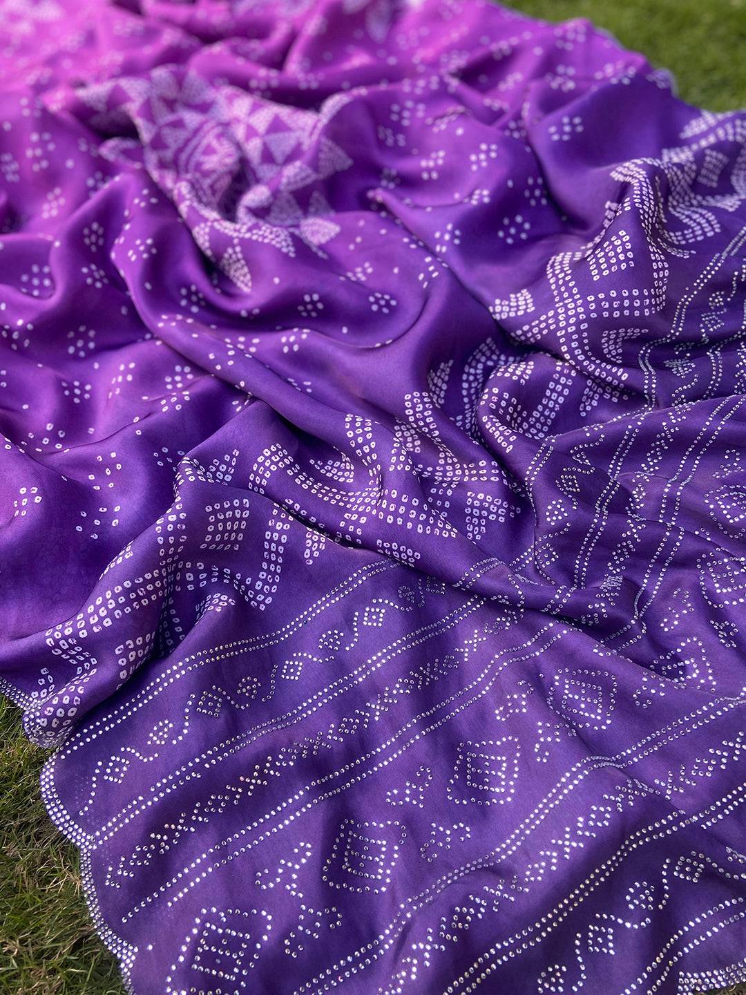 Purple Georgette Silk Saree with Ombre Bandhej Print & Swaroski Stone Work by My Store