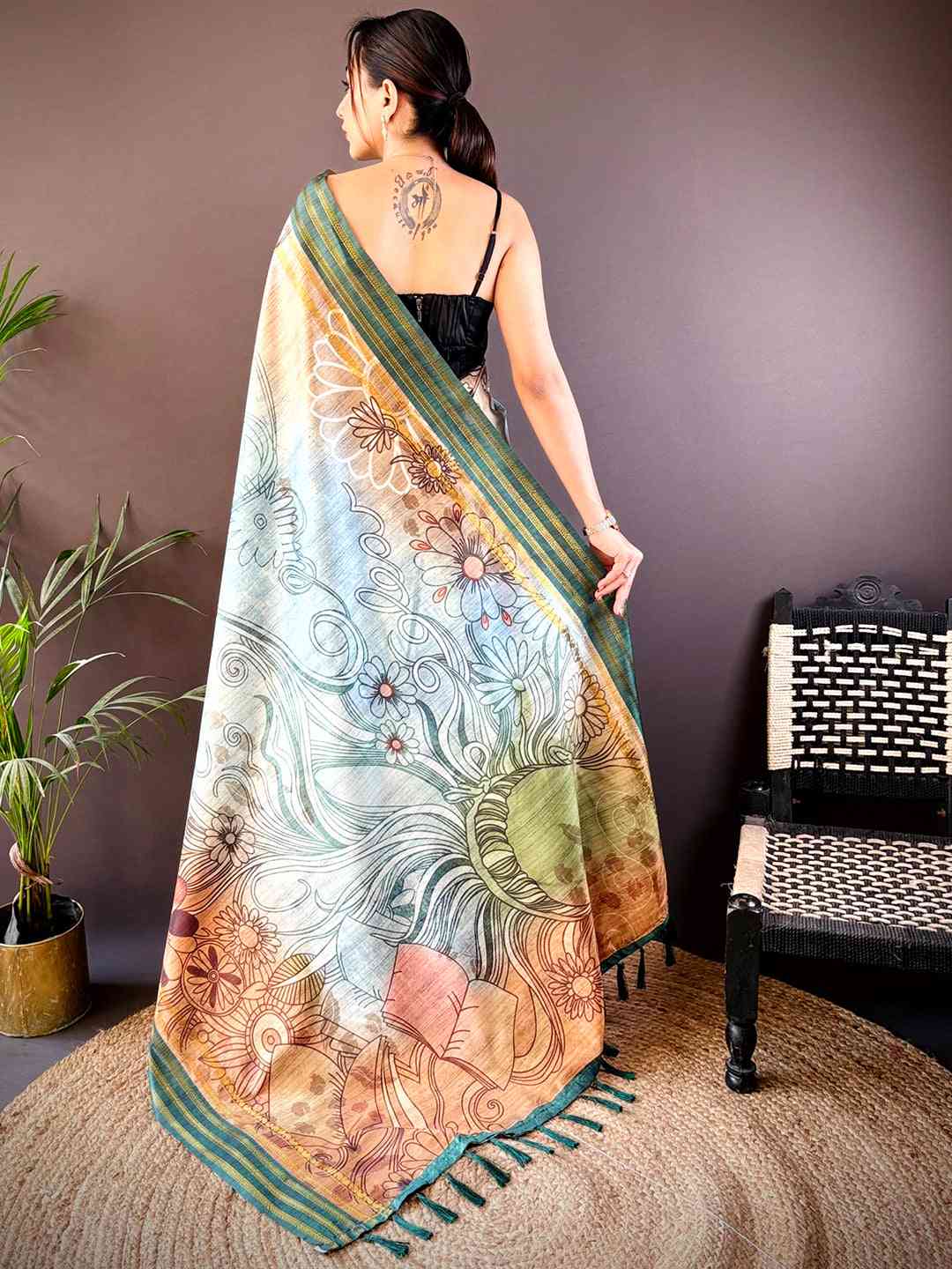 Teal Soft Silk Abstract Geometric Saree