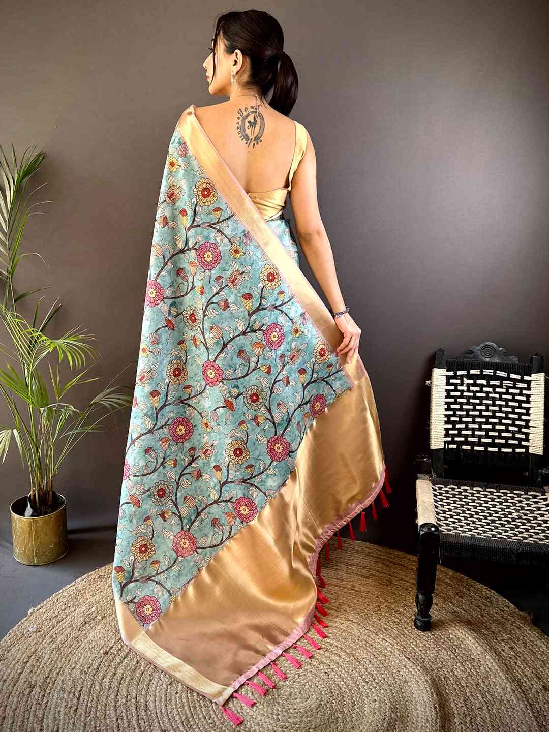 Sky Blue Soft Silk Tissue Floral Print Saree by My Store