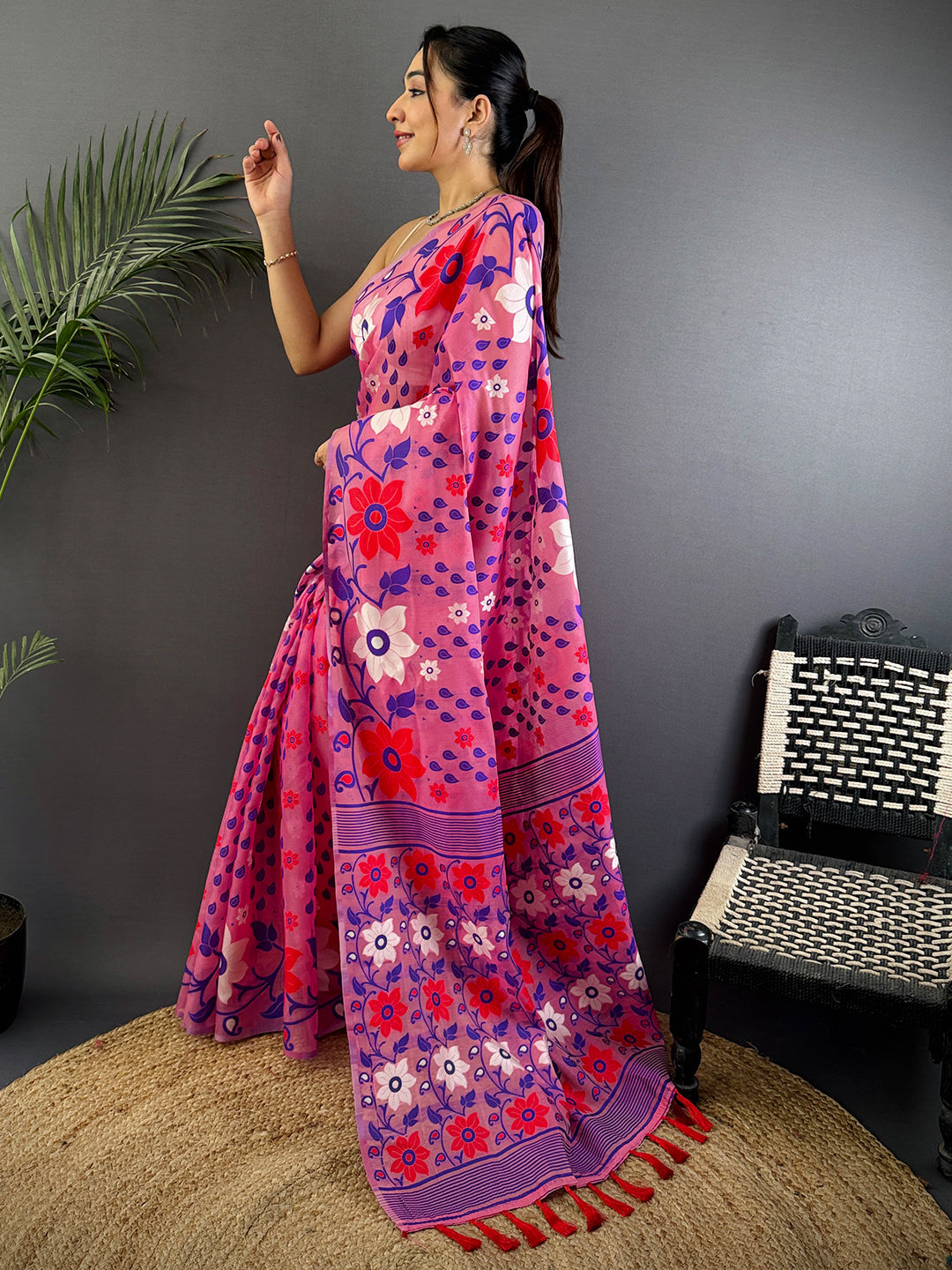 Rose Pink Dhakai Jamdani Cotton Silk Saree by My Store