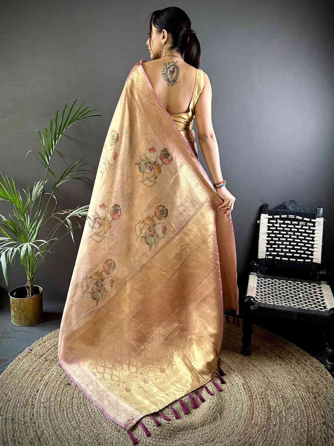 Stylish Dark Wine Self Gold Zari Floral Print Saree by My Store