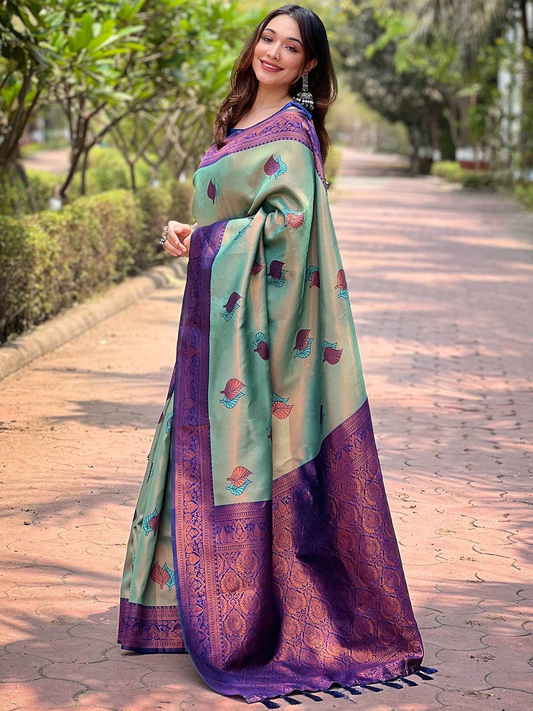 Pista Kanjivaram Tissue Saree With Gold Zari Weaving by My Store