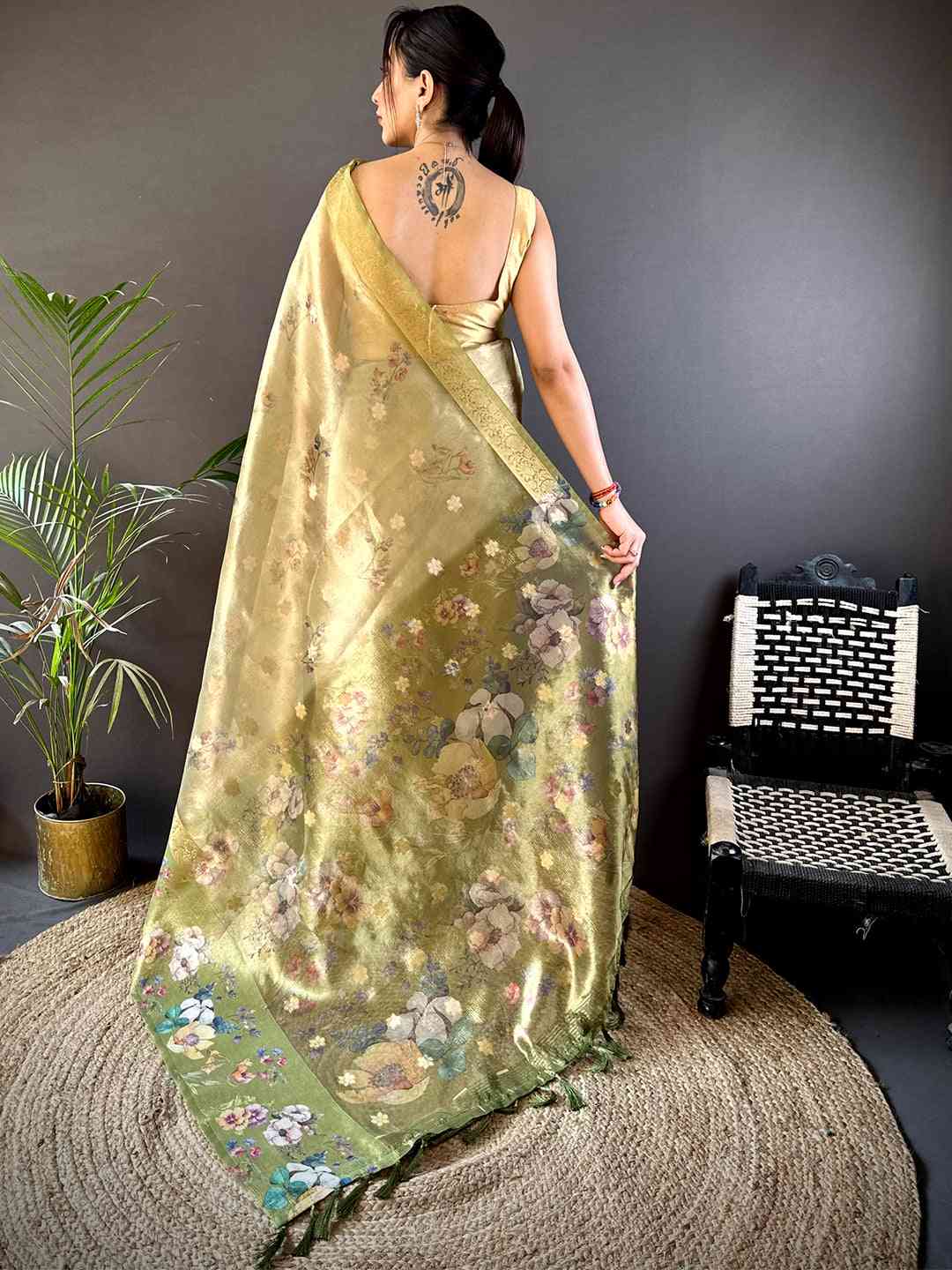 Pista Tissue Digital Floral Saree by My Store