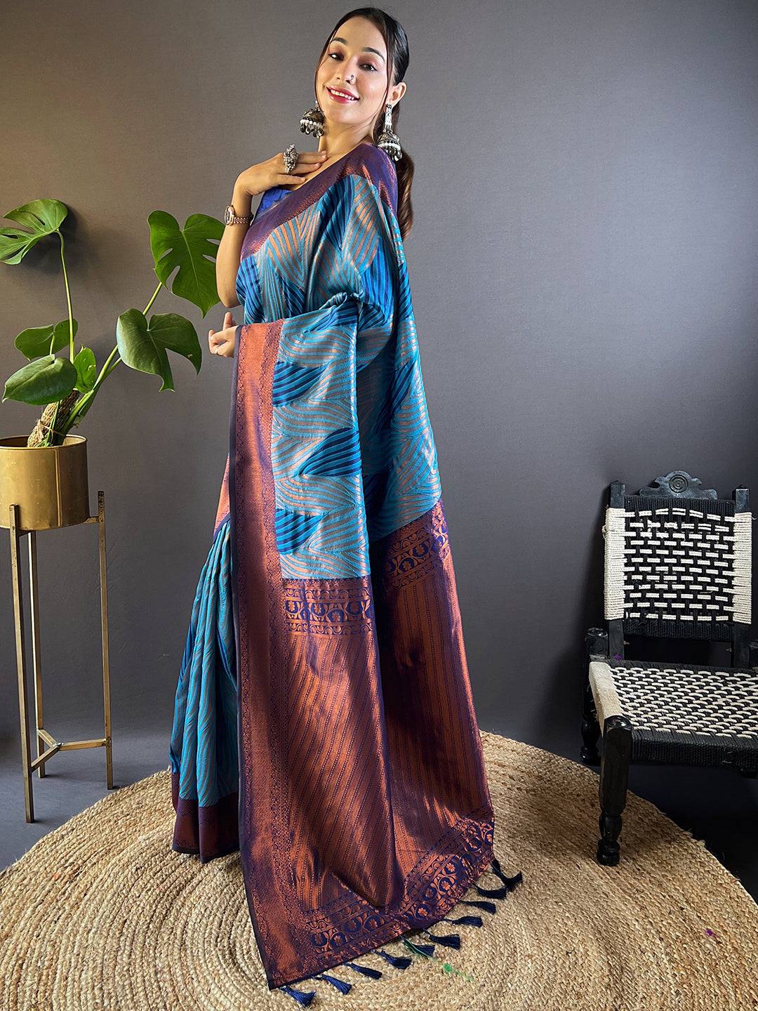 Royal Blue Tussar Silk Zari Weaving Ikkat Saree by My Store