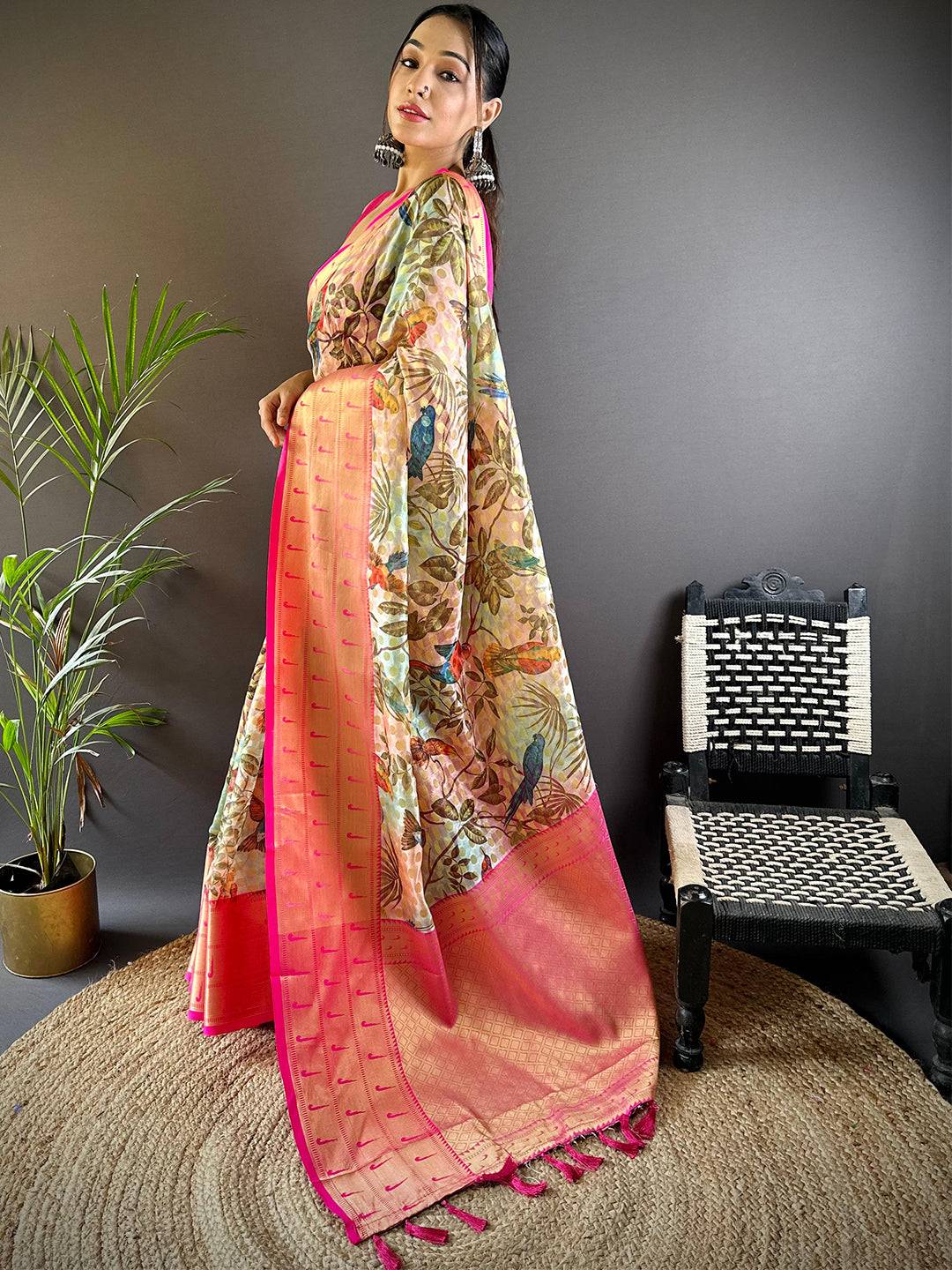 Tan Floral Paithani Kora Silk Saree by My Store