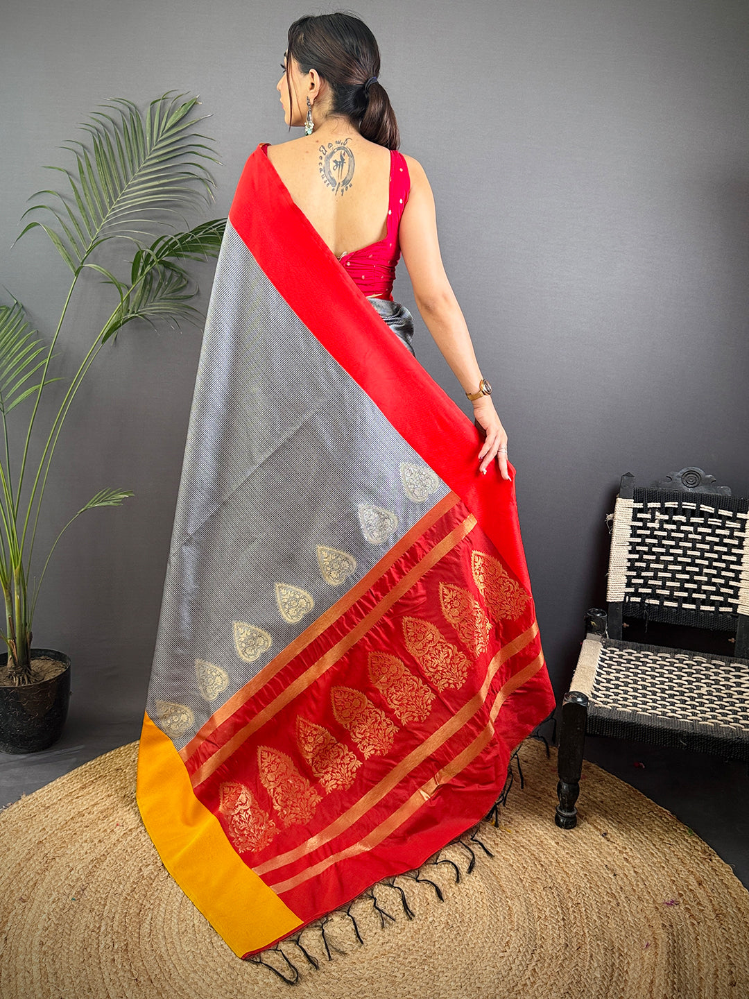 Grey Soft Katan Silk Banarasi Saree by My Store