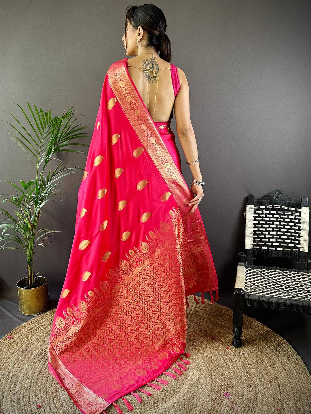 Rani Banarasi Soft Satin Masru Mango Silk Saree by My Store
