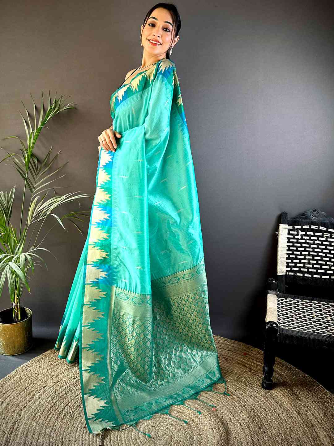 Sky Blue Banarasi Raw Silk Ikkat Saree by My Store