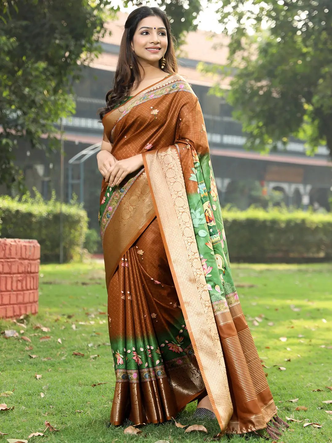 Brown Colour Pure Viscose Dola Silk Saree with Pichwai Kalamkari Print - Luxe by My Store
