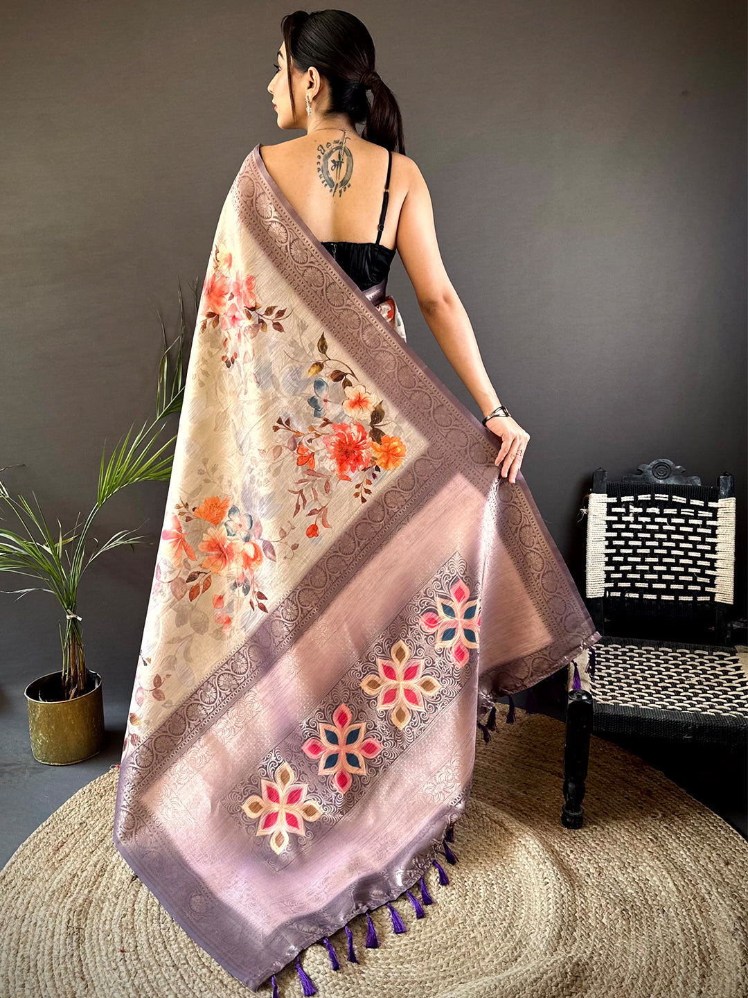 Ivory Slub Ghicha Placement Print Saree by My Store