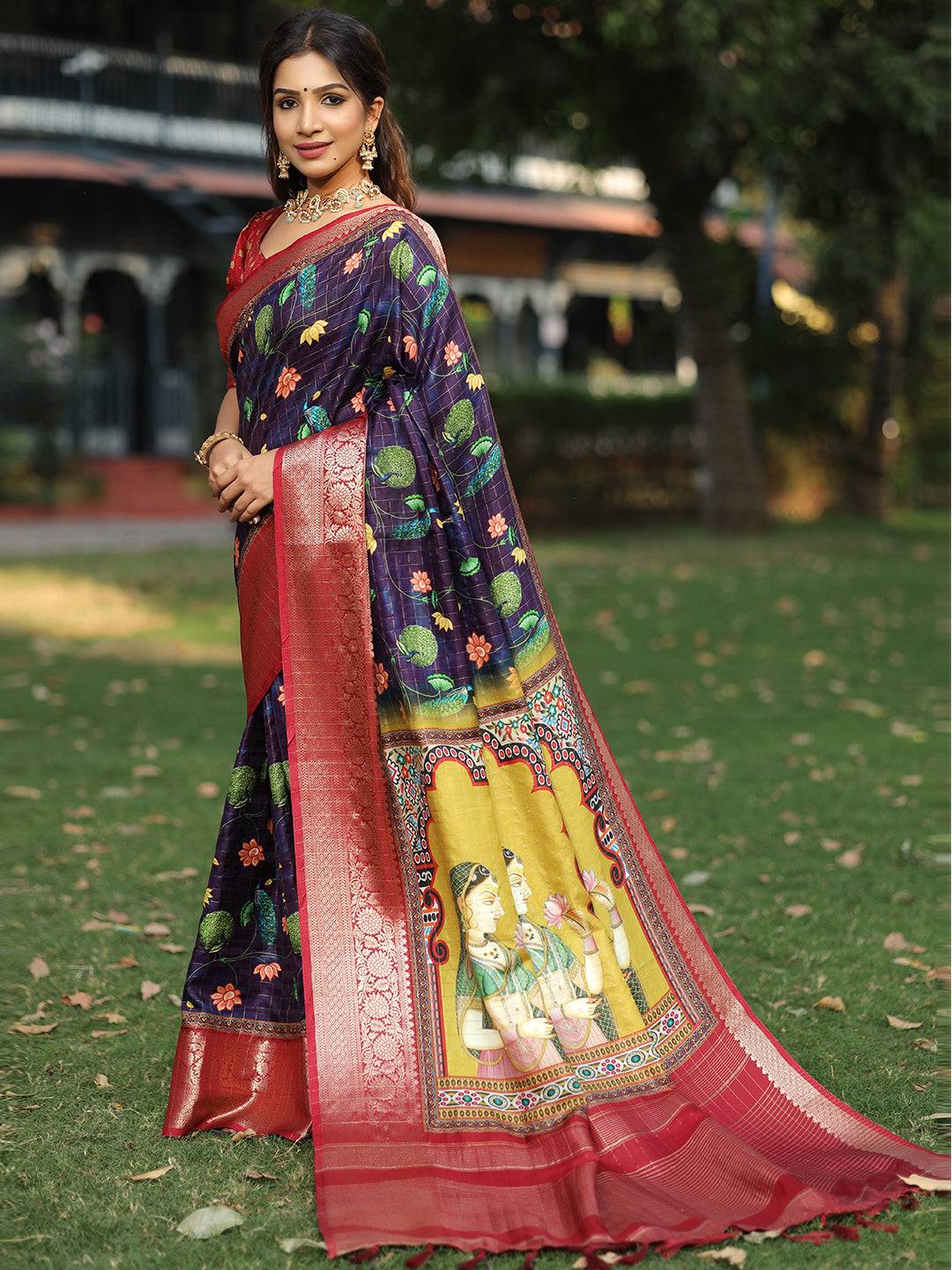 Navy Colour Pure Viscose Dola Silk Saree With Mughal Motifs - Luxe by My Store